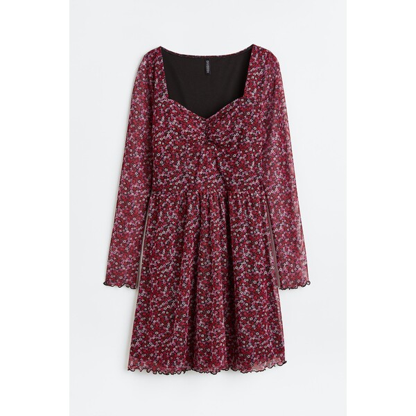 H&M Siateczkowa sukienka - Dekolt w serduszko - Długi rękaw - 1135187003 Czerwony/Kwiaty