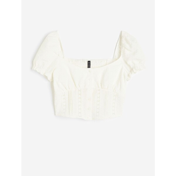 H&M Krepowana bluzka z koronką - Dekolt w serduszko - Krótki rekaw - 1153316001 Kremowy