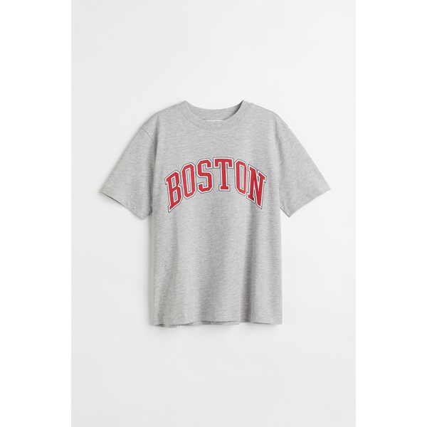 H&M Bawełniany T-shirt - Okrągły dekolt - Krótki rekaw - 0979329117 Jasnoszary melanż/Boston
