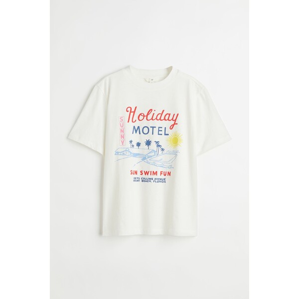 H&M Bawełniany T-shirt - Okrągły dekolt - Krótki rekaw - 0979329117 Biały/Holiday Motel