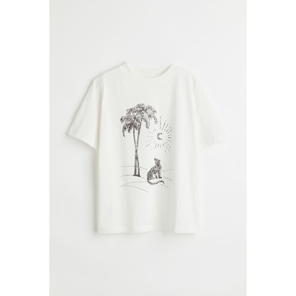 H&M Bawełniany T-shirt - Okrągły dekolt - Krótki rekaw - 0979329117 White/Leopard