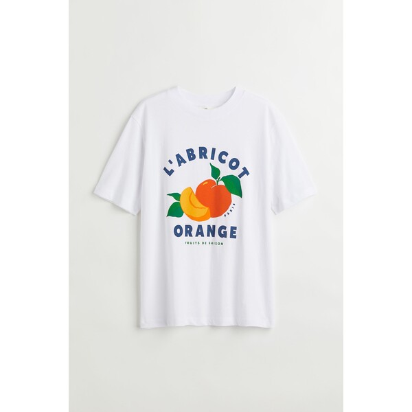 H&M Bawełniany T-shirt - Okrągły dekolt - Krótki rekaw - 0979329117 Biały/L"abricot