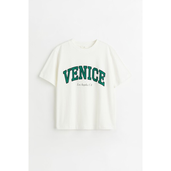 H&M Bawełniany T-shirt - Okrągły dekolt - Krótki rekaw - 0979329117 Kremowy/Venice