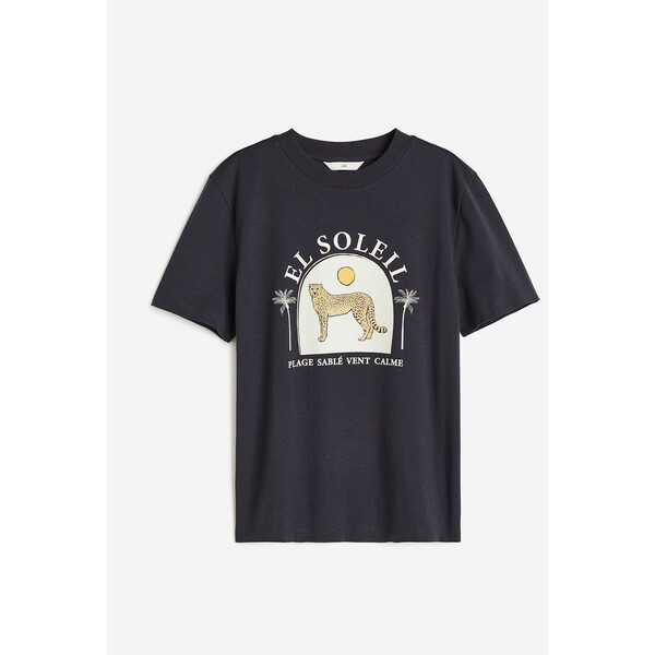 H&M Bawełniany T-shirt - Okrągły dekolt - Krótki rekaw - 0979329117 Ciemnoszary/El Soleil