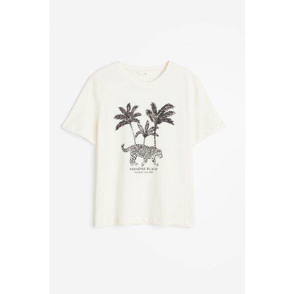 H&M Bawełniany T-shirt - Okrągły dekolt - Krótki rekaw - 0979329117 Kremowy/Paradise Beach