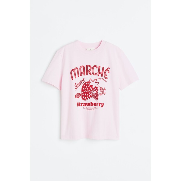 H&M Bawełniany T-shirt - Okrągły dekolt - Krótki rekaw - 0979329117 Różowy/Truskawka