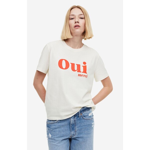 H&M Bawełniany T-shirt - Okrągły dekolt - Krótki rekaw - 0979329117 Kremowy/Oui