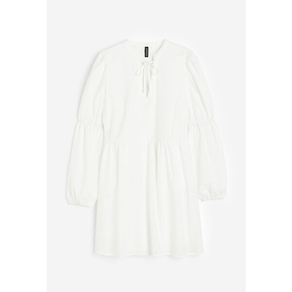 H&M Trapezowa sukienka z haftem angielskim - Okrągły dekolt - Długi rękaw - 1171553001 Kremowy