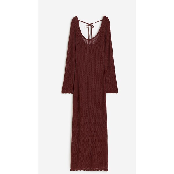 H&M Sukienka z ażurowej dzianiny z wiązaniem - Głęboki dekolt - Długi rękaw - 1147254002 Ciemnoczerwony