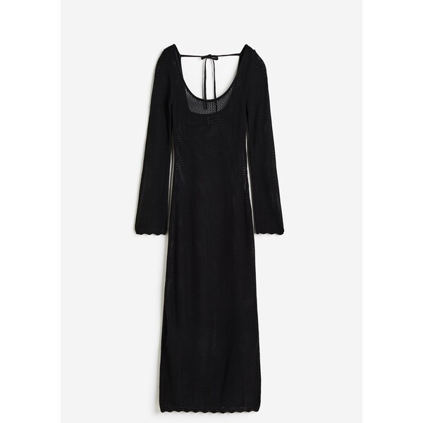 H&M Sukienka z ażurowej dzianiny z wiązaniem - Głęboki dekolt - Długi rękaw - 1147254002 Czarny