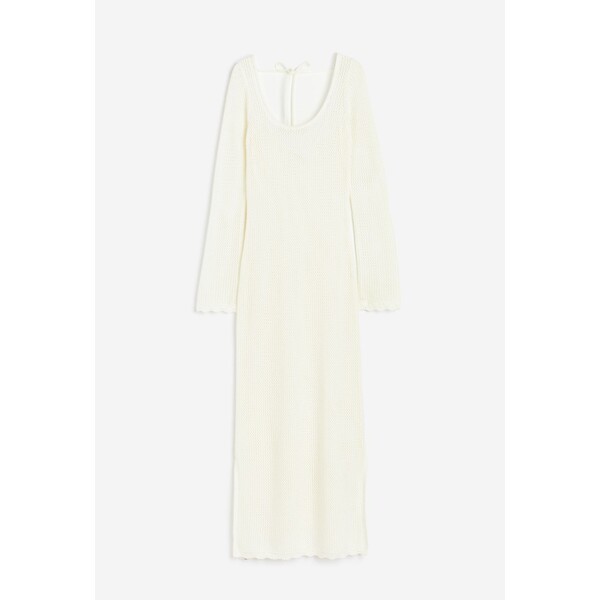 H&M Sukienka z ażurowej dzianiny z wiązaniem - Głęboki dekolt - Długi rękaw - 1147254002 Kremowy