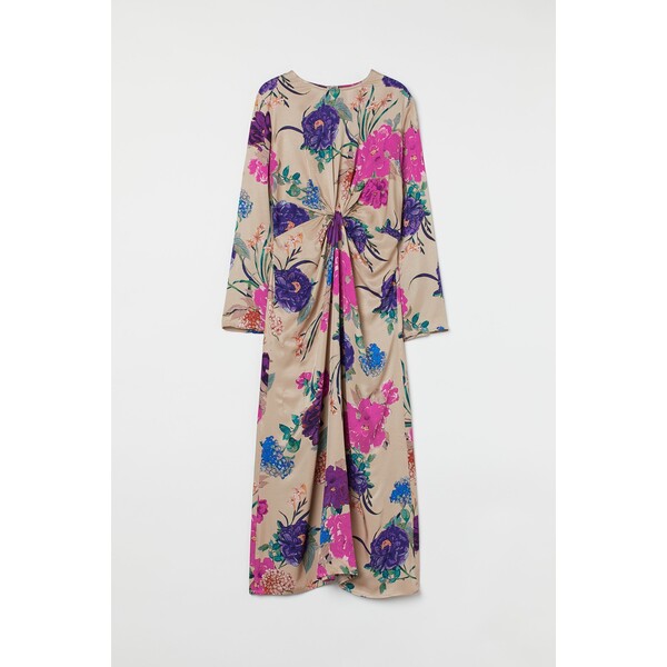H&M Sukienka z ozdobnym węzłem - Okrągły dekolt - Długi rękaw - 1006800007 Beżowy/Kwiaty