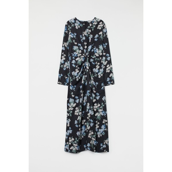 H&M Sukienka z ozdobnym węzłem - Okrągły dekolt - Długi rękaw - 1006800007 Czarny/Kwiaty