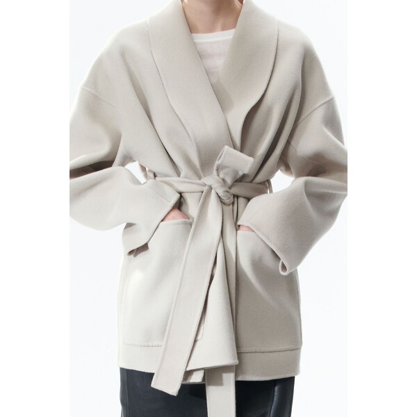 H&M Wełniany płaszcz z wiązanym paskiem - 1214979002 Jasny szarobeżowy