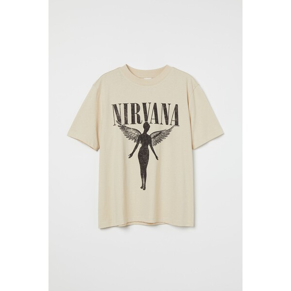 H&M T-shirt z motywem - Okrągły dekolt - Krótki rekaw - 0762470438 Jasnobeżowy/Nirvana