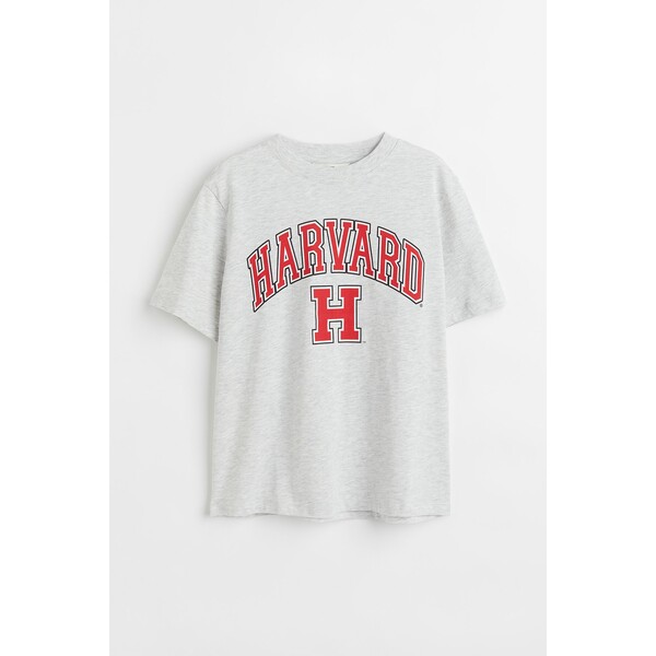 H&M T-shirt z motywem - Okrągły dekolt - Krótki rekaw - 0762470438 Jasnoszary melanż/Harvard