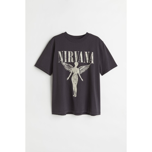 H&M T-shirt z motywem - Okrągły dekolt - Krótki rekaw - 0762470438 Ciemnoszary/Nirvana
