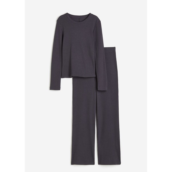 H&M Waflowa piżama z topem i spodniami - Okrągły dekolt - Długi rękaw - 1205449002 Ciemnoszary
