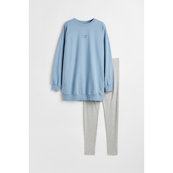 H&M Piżama z bluzą i legginsami - Okrągły dekolt - Długi rękaw - 0769814030 Niebieski/Szary
