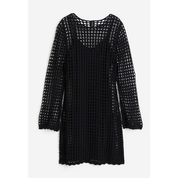 H&M Sukienka z ażurowej dzianiny - Okrągły dekolt - Długi rękaw - 1144757001 Czarny