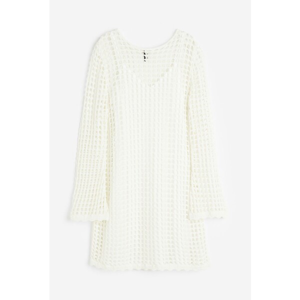 H&M Sukienka z ażurowej dzianiny - Okrągły dekolt - Długi rękaw - 1144757001 Kremowy