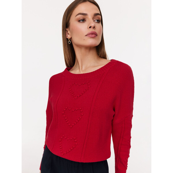 Taranko Bawełniany czerwony sweter z wyszywanymi sercami B4SW07N