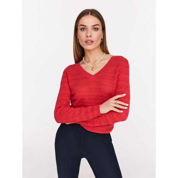Taranko Czerwony ażurowy sweter z dekoltem V B4SW06J