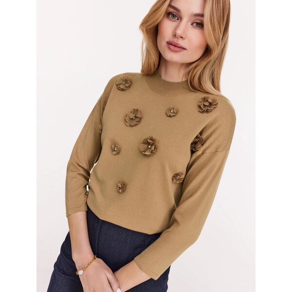 Taranko Karmelowy sweter z przestrzennymi kwiatami B4SWA1E