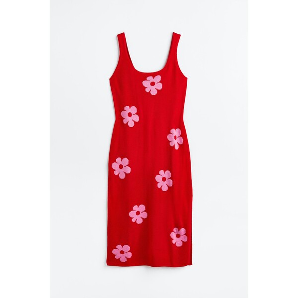 H&M H&M+ Dzianinowa sukienka - Głęboki dekolt - Bez rękawów - 1052163001 Czerwony/Kwiaty