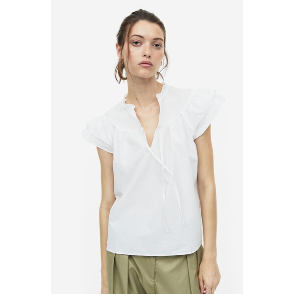 H&M Popelinowa bluzka z falbankowym rękawem - 1156869001 Biały