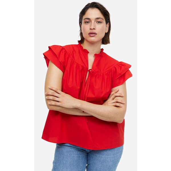 H&M Popelinowa bluzka z falbankowym rękawem - 1156869001 Czerwony