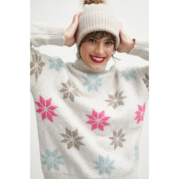 Medicine Sweter z domieszką wełny damski wzorzysty kolor beżowy