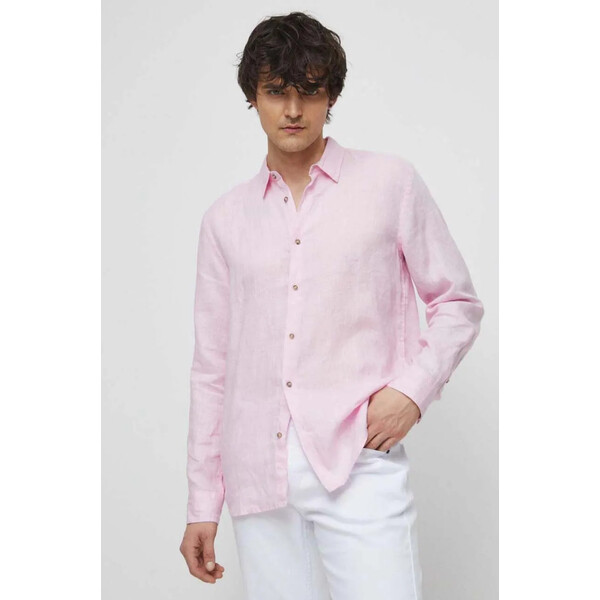 Medicine Koszula lniana męska z kołnierzykiem klasycznym kolor różowy