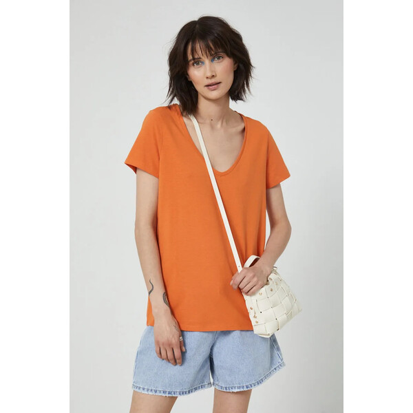 Medicine T-shirt bawełniany damski gładki z domieszką elastanu pomarańczowy