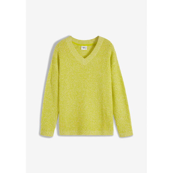 Bonprix Luźniejszy sweter z dzianiny w waflowy wzór, długi rękaw zielony limonkowy melanż