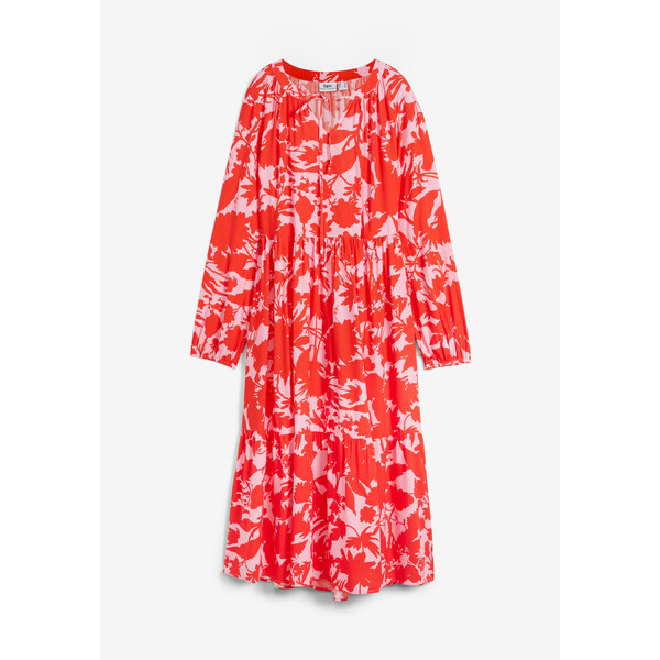 Bonprix Szeroka sukienka tunikowa midi z tkaniny z wiskozą, długi rękaw czerwony sygnałowy - jasnoróżowy w kwiaty