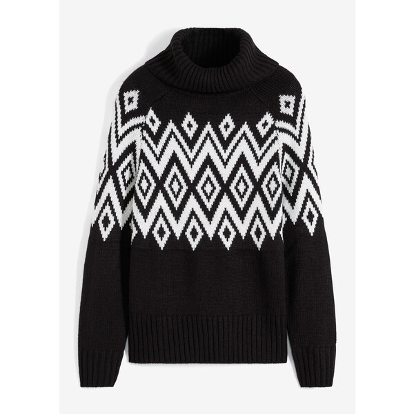 Bonprix Sweter w norweski wzór czarno-biel wełny w norweski wzór