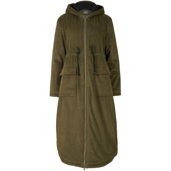 Bonprix Szeroki płaszcz sztruksowy z kapturem z polaru baranka, tunelem i dużymi kieszeniami ciemnoliwkowy
