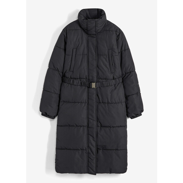 Bonprix Płaszcz pikowany oversized z elastycznym paskiem czarny