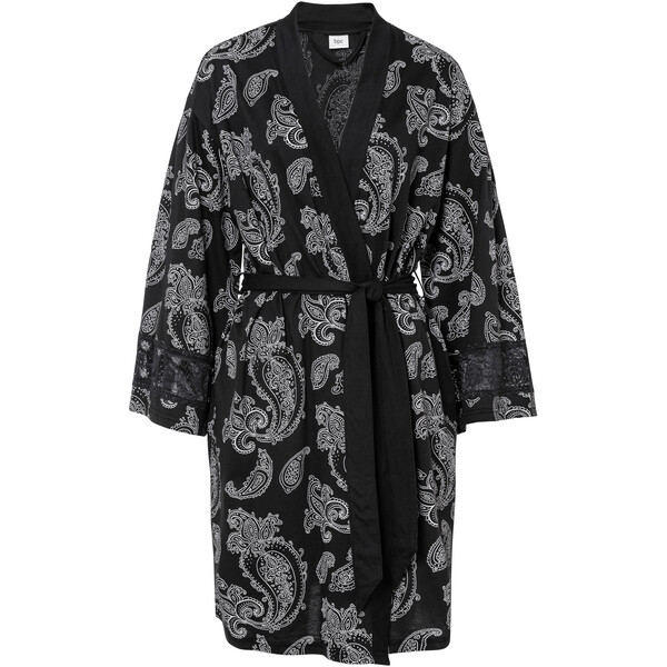 Bonprix Szlafrok kimono z dzianiny shirtowej z koronką czarny w deseń paisley