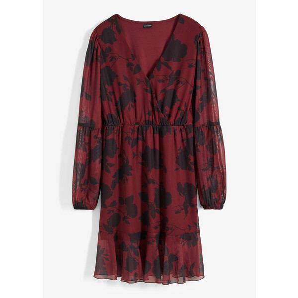 Bonprix Sukienka z dżerseju i siatkowego materiału czerwony klonowy - czarny w kwiaty