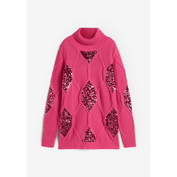 Bonprix Sweter w warkocze, z cekinami różowy „pink lady”