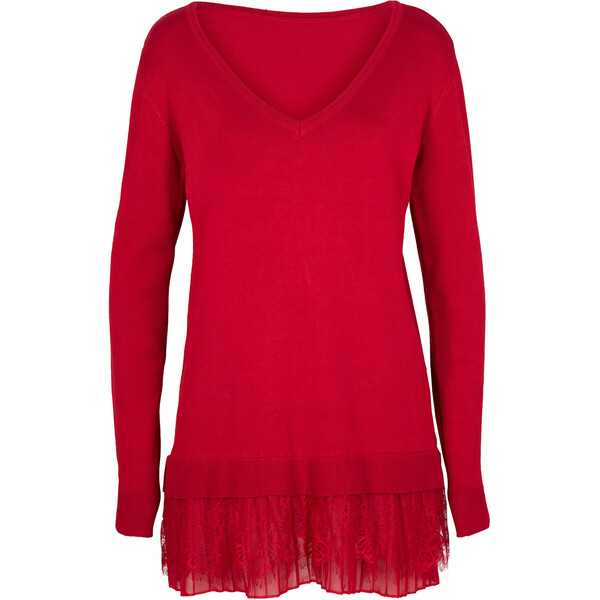 Bonprix Sweter z przyjaznej dla środowiska wiskozy z koronką i plisowaną wstawką ciemnoczerwony