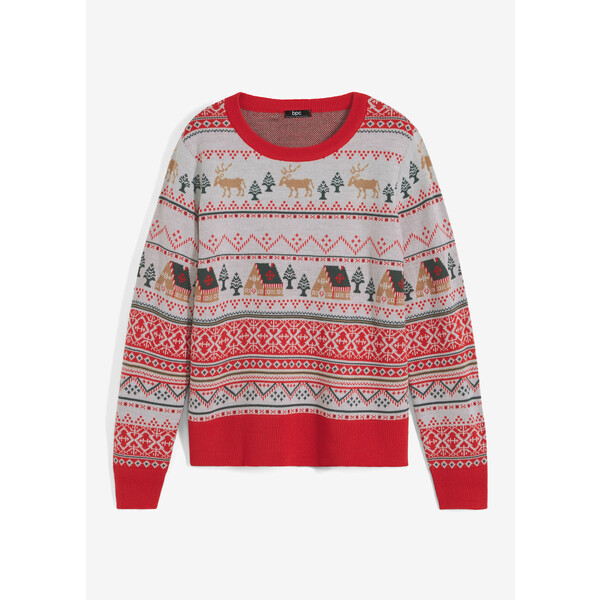 Bonprix Sweter bożonarodzeniowy truskawkowy w norweski wzór
