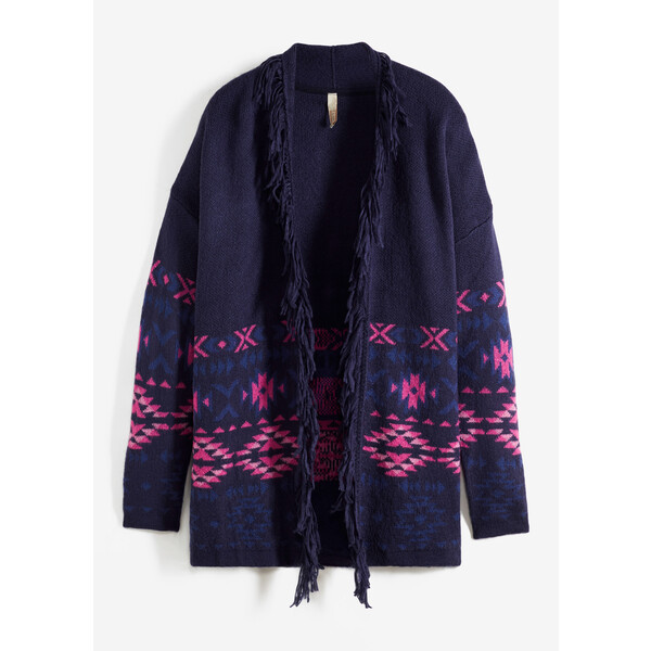 Bonprix Sweter bez zapięcia, z frędzlami ciemnoniebiesko-różowy wzorzysty