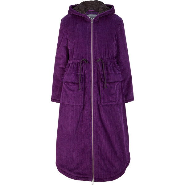 Bonprix Szeroki płaszcz sztruksowy z kapturem z polaru baranka, tunelem i dużymi kieszeniami ciemnofioletowy
