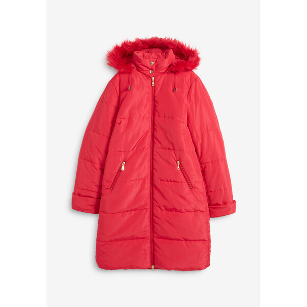 Bonprix Krótki płaszcz pikowany ze sztucznym futerkiem czerwony magenta
