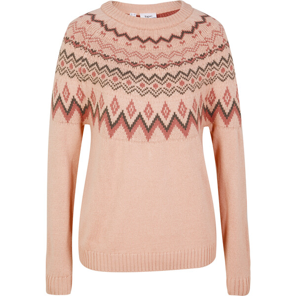 Bonprix Sweter z płytkim dekoltem, w norweski wzór stary jasnoróżowy w graficzny wzór