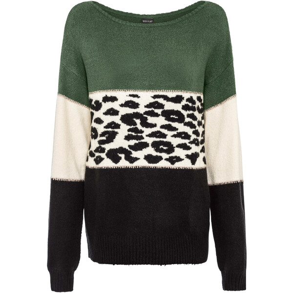 Bonprix Sweter oversize czarno-jasnozielono-kremowy leo