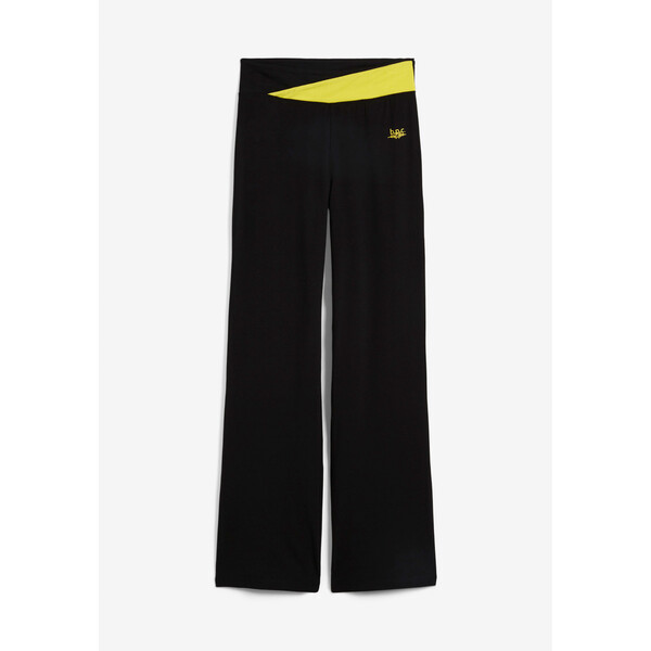 Bonprix Spodnie sportowe ze stretchem, poszerzane nogawki czarny - żółty cytrynowy